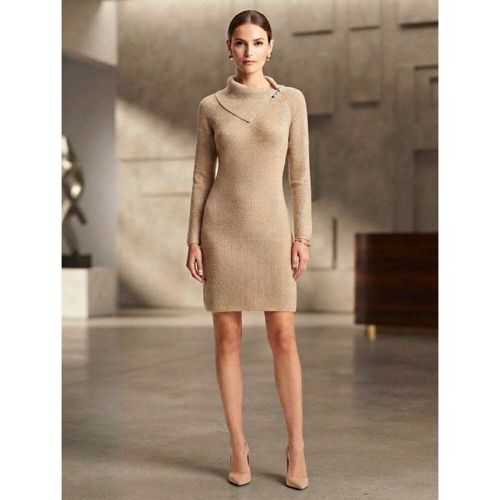 Calvin Klein Gold Metallic Knit Cowl Neck Long Sleeve Sweater Dress